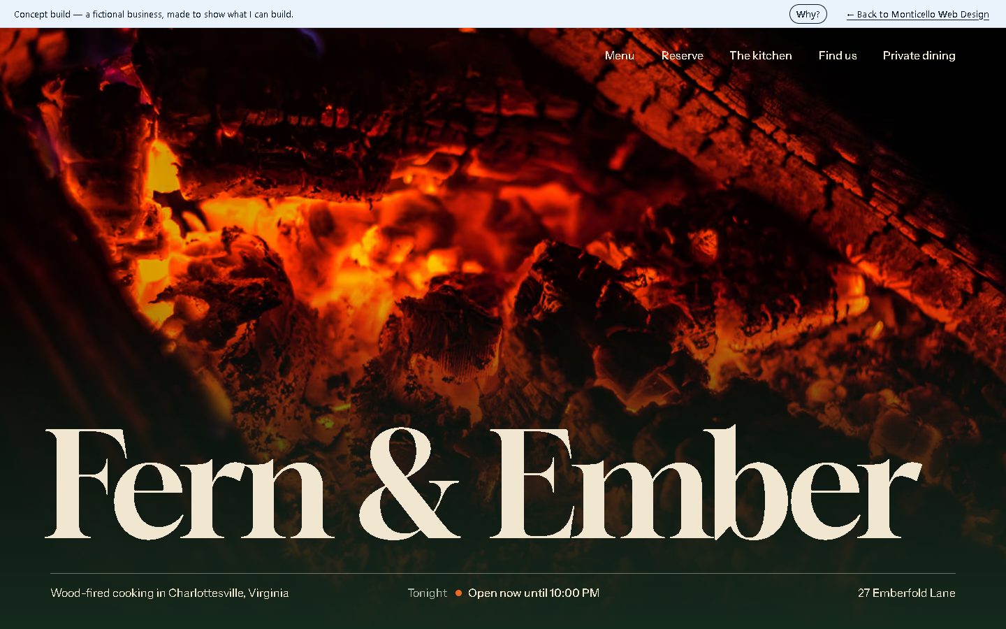 Fern & Ember concept build home page, on a laptop screen