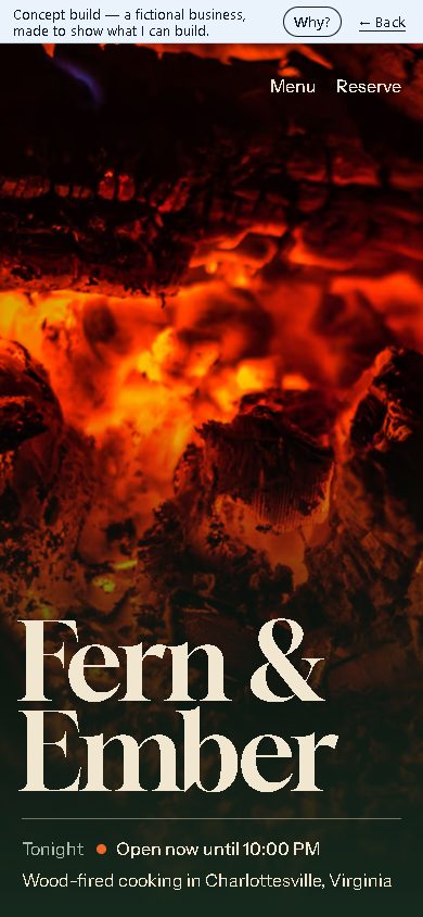 Fern & Ember concept build home page, on a phone screen