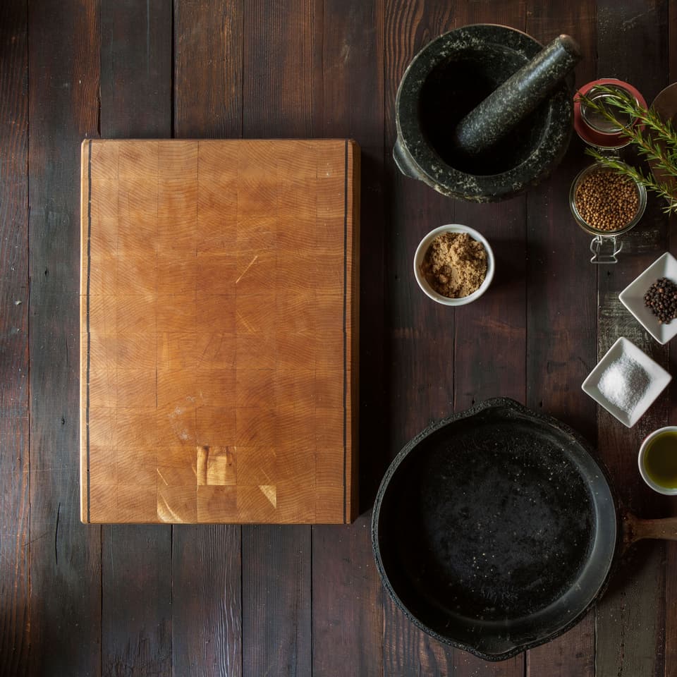 A butcher's block, a cast-iron pan, a mortar and small bowls of salt and spice on a dark wooden table, seen from above