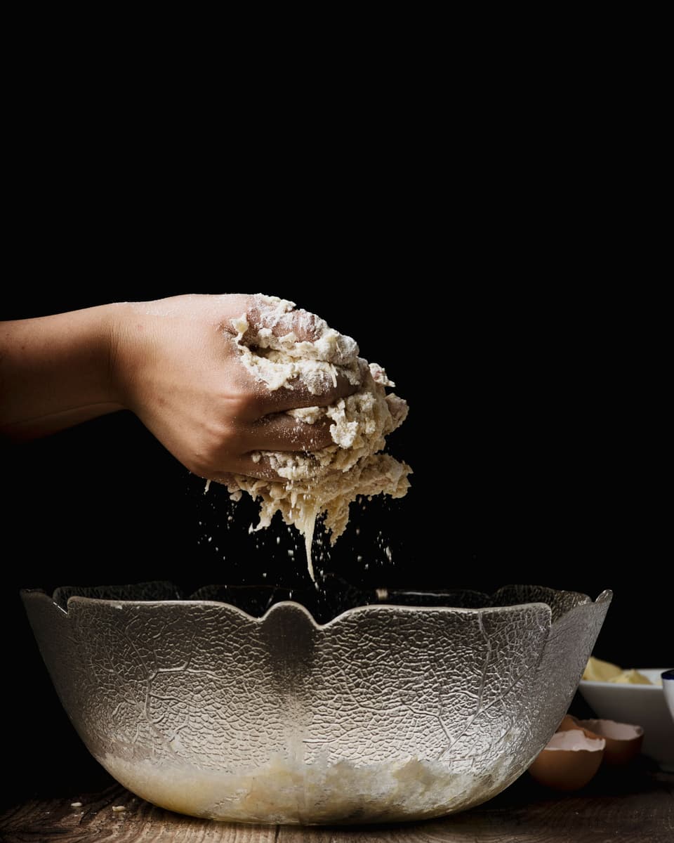 A hand lifting wet dough out of a glass bowl