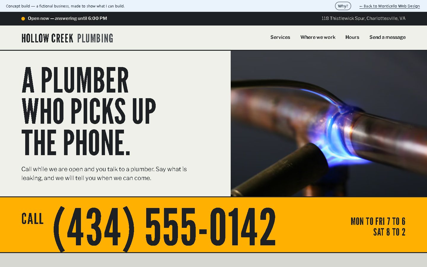 Hollow Creek Plumbing concept build home page, on a laptop screen