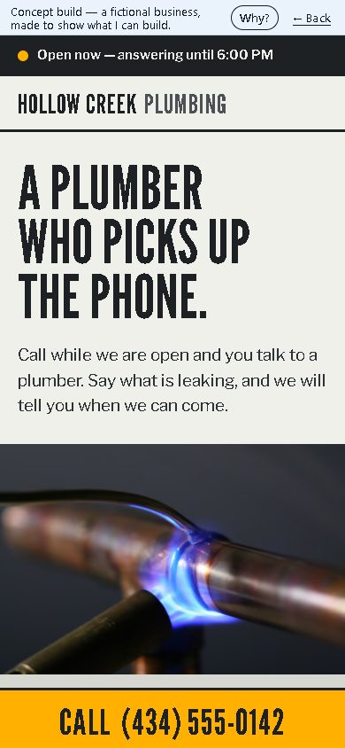 Hollow Creek Plumbing concept build home page, on a phone screen