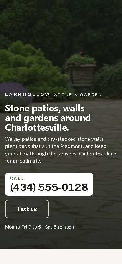 Larkhollow's one page at the Essential price, on a phone: a photograph of a patio, the name and the phone number