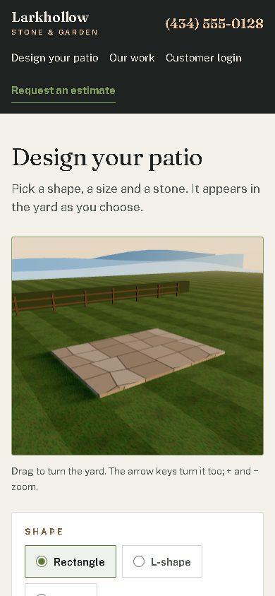 Larkhollow's patio designer at the Flagship price, on a phone: a patio drawn in 3D in the yard